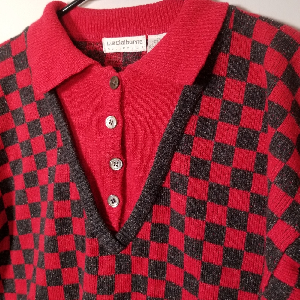 Vintage Red and Gray Check Print Cropped Collared Sweater By Liz Claiborne - Med - Picture 2 of 9